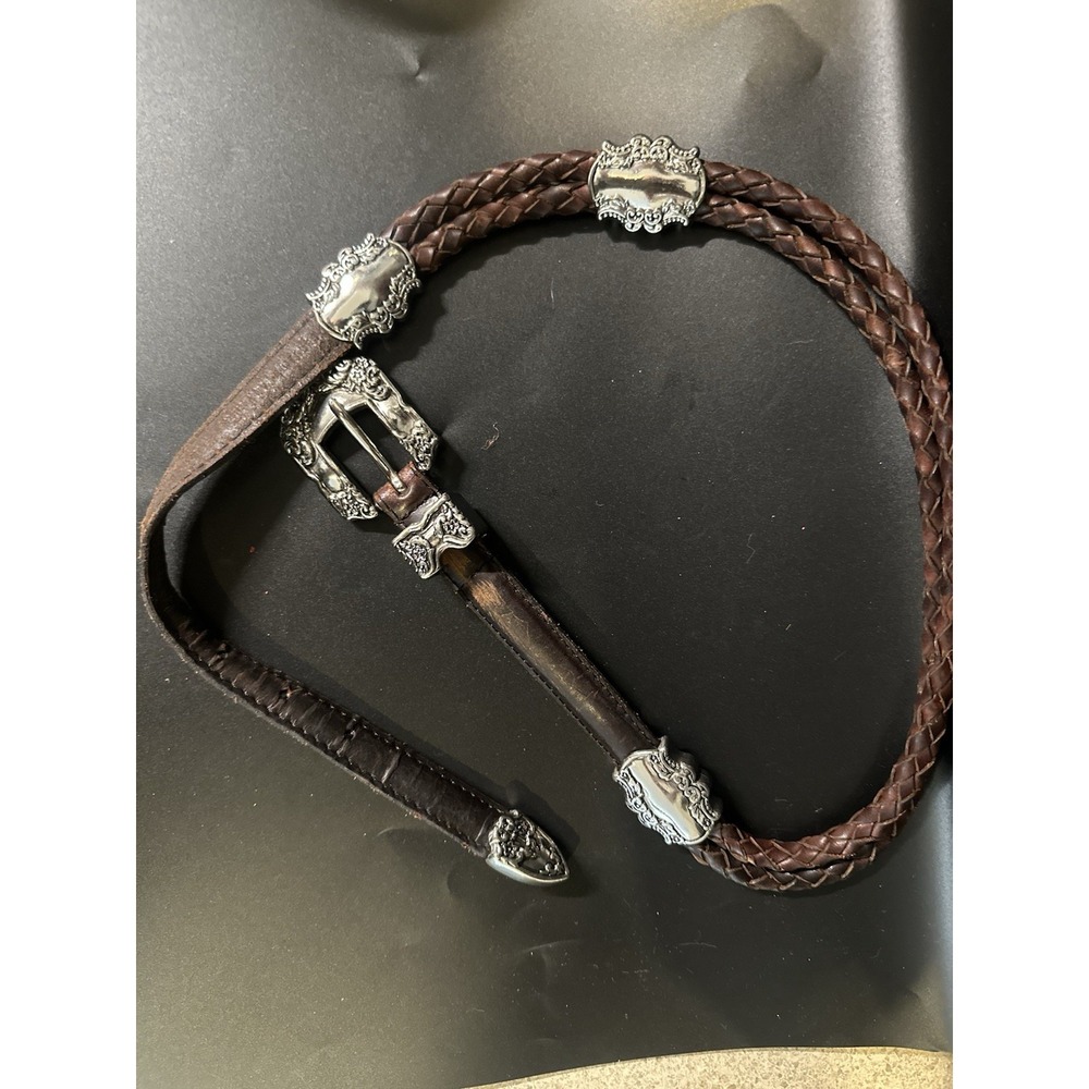 Brown Braided Leather Western Concho Belt Small Silver Tone Buckle Boho